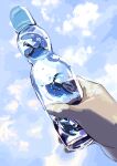  :d air_bubble bottle bubble closed_eyes cloud day donnpati eyelashes gen_4_pokemon highres holding holding_bottle mantyke o_o open_mouth outdoors pokemon pokemon_(creature) sky smile tongue water water_bottle 