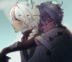  2boys angert_(infinity_nikki) aqua_horns aqua_scales aqua_skin black_gloves black_shirt blue_eyes blue_hair blue_sky braid brown_headband carrying chinese_commentary circlet closed_mouth cloud colored_extremities colored_skin commentary_request dark-skinned_male dark_skin day dot_nose dragon_boy dragon_horns elbow_gloves expressionless eyelashes eyes_visible_through_hair fingerless_gloves gloves hair_between_eyes hair_over_shoulder half-closed_eye hand_on_own_arm happy headband highres horns infinity_nikki leishedengdengdengdengdengdeng light_blush long_hair looking_at_another male_focus meghill_(infinity_nikki) multicolored_skin multiple_boys nikki_(series) one_eye_closed outdoors parksolian_(infinity_nikki) parted_lips piggyback pointy_ears pointy_nose shirt short_hair single_braid sky smile tunic turtleneck turtleneck_shirt two-tone_skin upper_body white_hair white_shirt white_tunic zipper 