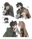 1boy 1girl animal_ear_fluff animal_ears arm_shield black_gloves black_hair black_shirt brown_hair child cloak collared_shirt commentary_request constricted_pupils double-parted_bangs fingerless_gloves gloves green_cloak green_eyes hair_between_eyes high_collar holding holding_shield iwatani_naofumi legendary_shield_(small_shield)_(tate_no_yuusha_no_nariagari) legendary_shield_(tate_no_yuusha_no_nariagari) light_frown long_hair long_sleeves messy_hair raccoon_ears raccoon_girl raphtalia red_eyes shield shirt short_hair simple_background soko sweatdrop tanuki tate_no_yuusha_no_nariagari translation_request vomit_on_clothes white_background wiping_another's_mouth 
