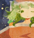  1girl :d ;d blanket blush carrot collage_(medium) double_exposure faux_traditional_media green_eyes green_hair gumi half-closed_eye head_on_pillow highres one_eye_closed open_mouth pillow short_hair_with_long_locks sleepy smile snowflakes solo star_(symbol) under_covers vocaloid yrtm_34221 