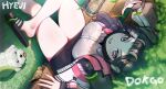  1girl absurdres arm_up bare_legs bench bird black_hair black_jacket black_mask black_shoes black_skirt bottle bra_visible_through_clothes breasts character_name collared_shirt commentary copyright_name crossed_legs dog dokgo_hyeji dress_shirt english_text falling_leaves fingernails flip-flops forehead from_above grass highres jacket korean_commentary ksb_(qwop03) large_breasts leaf long_hair long_sleeves looking_at_viewer looking_up mask mask_pull miniskirt mouth_mask multicolored_jacket on_bench open_clothes open_jacket outdoors park_bench pink_eyes pink_jacket sandals see-through_clothes see-through_shirt shirt shoes sitting skirt smile solo sweat teeth thighs two-tone_jacket virtual_youtuber waktaverse water_bottle white_shirt 