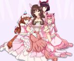  5girls agnes_digital_(umamusume) animal_ears blunt_bangs bob_cut bow breasts brown_hair commentary_request dress ear_covers gentildonna_(la_dama_perfetta)_(umamusume) gentildonna_(umamusume) gloves gold_tiara hair_bow hair_intakes hair_ornament haru_urara_(umamusume) headband highres horse_ears horse_girl horse_tail jewelry killerfurball12 large_breasts long_hair looking_at_viewer meni_shuki_rush-sshu! midriff multicolored_hair multiple_girls necklace nishino_flower_(umamusume) official_alternate_costume pearl_necklace pink_dress pink_hair pink_headband ponytail puffy_short_sleeves puffy_sleeves purple_eyes red_bow red_eyes short_hair short_sleeves still_in_love_(umamusume) streaked_hair tail umamusume veil white_gloves white_hair x_hair_ornament 