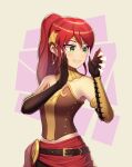  1girl belt belt_buckle black_belt black_gloves buckle circlet collarbone elbow_gloves gloves green_eyes grin high_ponytail highres long_hair pyrrha_nikos red_hair rwby shiny shiny_hair smile solo strapless uyalago white_background 