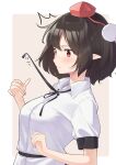  1girl black_hair black_ribbon blush collared_shirt commentary_request cursor hat highres kanpa_(campagne_9) open_mouth pointy_ears pom_pom_(clothes) red_eyes ribbon shameimaru_aya shirt short_hair skirt solo tokin_hat touhou white_shirt 
