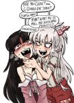  2girls asphyxiation black_hair blunt_bangs bow bra breasts choke_hold cleavage english_text erotic_asphyxiation frilled_bra frills fujiwara_no_mokou grey_hair grey_shirt hair_bow hand_on_another's_neck heavy_breathing highres hime_cut houraisan_kaguya long_hair long_sleeves looking_at_another masochism multiple_girls multiple_hair_bows neck_grab open_mouth pants pigeon7373 red_eyes red_pants saliva shirt short_sleeves simple_background small_breasts speech_bubble strangling suspenders tearing_up tongue tongue_out torn_clothes torn_sleeves touhou underwear very_long_hair white_background white_bow white_bra yuri 