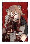  1girl animal_ear_fluff animal_ears arm_up black_dress blood blood_on_arm blood_on_clothes blood_on_face blood_on_hand border child collar commentary_request double-parted_bangs dress flying_sweatdrops grey_dress hair_between_eyes highres layered_dress long_sleeves metal_collar parted_lips raccoon_ears raccoon_girl raphtalia raphtalia_(young) red_background red_eyes short_sleeves soko solo tanuki tate_no_yuusha_no_nariagari white_border 