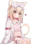  1girl :3 absurdres amai_hiyo amai_hiyo_channel animal_ear_fluff animal_ears bangs blush bow braid brown_eyes cat_ears cat_girl cat_tail closed_mouth commentary_request crop_top drawstring eyebrows_visible_through_hair feet_out_of_frame hair_between_eyes hairband heart highres hood hood_down hooded_jacket jacket kneehighs light_brown_hair long_hair long_sleeves looking_at_viewer navel open_clothes open_jacket pink_shirt pink_shorts polka_dot polka_dot_bow polka_dot_shirt polka_dot_shorts red_bow red_hairband red_ribbon ribbon shirt short_shorts shorts simple_background sitting smile solo syhan symbol-shaped_pupils tail virtual_youtuber wariza wavy_mouth white_background white_bow white_jacket white_legwear 