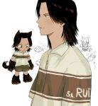  2boys akazawa_yoshiroh animal_ears animal_hands blush brown_hair brown_shirt brown_shorts collared_shirt commentary_request dark-skinned_male dark_skin deformed dog_ears dog_tail doodle_inset downturned_eyes forehead from_side full_body gloves grey_eyes group_name highres kaneda_ichiro kemonomimi_mode light_blush light_smile looking_ahead looking_at_animal male_focus mature_eyes mochita80 multiple_boys multiple_views parted_bangs paw_gloves paw_shoes puckered_lips shirt short_hair short_sleeves shorts simple_background sportswear tail tennis_no_ouji-sama tennis_uniform two-tone_shirt upper_body v-shaped_eyebrows white_background white_shirt zipper zipper_pull_tab 