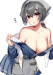  1girl :o akagi_kurage apron bangs bare_shoulders black_hair blue_skirt blush breasts cleavage hair_flaps hair_ornament hair_ribbon highres jingei_(kancolle) kantai_collection large_breasts long_sleeves notice_lines open_clothes open_mouth pleated_skirt red_eyes ribbon simple_background sketch skirt solo sweat undressing waist_apron white_background 