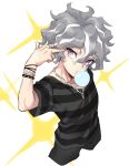  bubble_blowing chewing_gum dark_skin dark_skinned_male from_above grey_hair inazuma_eleven_(series) looking_at_viewer male_focus purple_eyes silver_hair simple_background solo wavy_hair white_background 