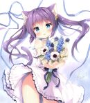  1girl animal_ear_fluff animal_ears bangs bare_arms bare_shoulders blue_choker blue_eyes blue_flower blue_ribbon blush bouquet cat_ears choker commentary_request dress eyebrows_visible_through_hair flower frilled_dress frills hair_between_eyes irori long_hair object_hug original parted_lips purple_hair ribbon signature sleeveless sleeveless_dress solo standing strap_slip twintails very_long_hair white_dress white_flower yellow_flower 