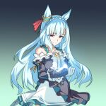  1girl animal_ears asymmetrical_gloves asymmetrical_sleeves baasaku_(balasaku24) bare_shoulders bird black_dress black_gloves blue_hair blush braid breasts center_frills commentary_request crown_braid dress ear_ribbon frills gloves gradient_background green_background hair_ornament highres horse_ears horse_girl horse_tail long_hair looking_at_viewer mejiro_ardan_(crystalline)_(umamusume) mejiro_ardan_(umamusume) mismatched_gloves off-shoulder_dress off_shoulder pinwheel pinwheel_hair_ornament purple_eyes smile solo tail umamusume white_gloves 