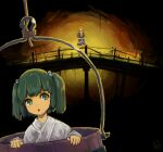  2girls breasts bridal_gauntlets bridge chestnut_mouth commentary_request green_eyes green_hair highres japanese_clothes jimuguri_(dzimuguri) kimono kisume mizuhashi_parsee multiple_girls pointy_ears rope short_hair standing touhou white_kimono 