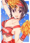  1girl :d bangs breasts brown_hair buckle cheerleader cleavage collarbone crop_top eyebrows_visible_through_hair hair_between_eyes headset highres idolmaster idolmaster_(classic) kikuchi_makoto looking_at_viewer microphone midriff navel open_mouth pleated_skirt pom_poms purple_eyes red_skirt shiny shiny_hair short_hair skirt sleeveless small_breasts smile solo standing stomach suzumo70 