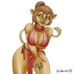  1:1 alien anthro big_breasts bottomwear breast_squish breasts clothing felid female hand_on_leg hand_on_thigh hi_res loincloth m&#039;ress mammal mudwatch smile solo squish star_trek_the_animated_series swimwear tailwag thick_thighs 