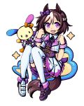 2girls animal_ears asymmetrical_footwear bad_source bow brown_hair commentary cosplay crossover ear_bow ear_ribbon falsminty hair_bow horse_ears horse_girl horse_tail matching_outfits mismatched_footwear multicolored_hair multiple_girls pixel_art purple_bow purple_eyes purple_ribbon purple_vest rabbit ribbon sanrio single_hair_streak skirt special_week_(special_dreamer)_(umamusume) special_week_(umamusume) special_week_(umamusume)_(cosplay) streaked_hair tail umamusume usahana vest white_skirt white_streaks yellow_bow 