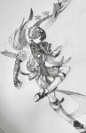  1boy armor arms_at_sides blunt_ends bodysuit bosonn_13 bow bridal_gauntlets clenched_hand feathered_wings furisode genshin_impact graphite_(medium) greyscale hair_over_one_eye hakama hakama_shorts highres japanese_armor japanese_clothes juban kimono kote layered_sleeves leg_warmers male_focus middle_ring monochrome open_clothes open_hand open_kimono pleated_shorts pom_pom_(clothes) rope sandals scaramouche_(genshin_impact) short_sleeves shorts side_cape smirk solo stirrup_legwear tassel toeless_legwear toenails toes traditional_media tsurime turtleneck turtleneck_bodysuit vision_(genshin_impact) wanderer_(genshin_impact) white_background wings wolf_cut zouri 
