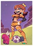  1girl 2boys absurdres ball blue_eyes border brown_hair commentary crown earrings english_commentary flower_earrings highres jewelry mario_(series) mario_strikers_(series) midriff mini_person miniboy multiple_boys night official_alternate_costume open_mouth orange_shorts outdoors outside_border princess_daisy short_shorts shorts shy_guy soccer_ball teeth white_border zephyr_gales 