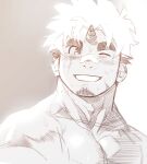  1boy akiha_gongen_(housamo) bandaid bandaid_on_face bandaid_on_nose bara bloom facial_hair goatee_stubble grin highres horns male_focus monochrome multicolored_hair muscular muscular_male one_eye_closed pectorals portrait sepia single_horn smile solo stubble sweat thick_eyebrows thick_neck tokyo_afterschool_summoners topless_male two-tone_hair wasp_(anthyutena) wet 