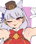  1girl :p ;p animal_ears armpits blue_bow blush_stickers bow bowtie brown_hat closed_mouth commentary dress ear_covers gloves gold_ship_(red_strife)_(umamusume) gold_ship_(umamusume) grey_hair hair_bow hat horse_ears horse_girl long_hair one_eye_closed pillbox_hat pink_eyes pointing pointing_at_self pointing_with_thumb red_bow red_bowtie red_dress sleeveless sleeveless_dress solo sweat tongue tongue_out umamusume untranslatable_commentary white_gloves yodaka_(yodaka1227) 