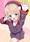  1girl :d absurdres beret blonde_hair commentary_request from_above green_eyes hair_ornament hand_up hat highres hosinonana indie_virtual_youtuber open_mouth pinstripe_jacket pinstripe_pattern pinstripe_skirt pom_pom_(clothes) pom_pom_hair_ornament red_hat red_sailor_collar sailor_collar school_uniform shigure_ui_(vtuber) short_hair smile solo v virtual_youtuber 