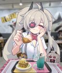  1girl :3 acrylic_stand_(object) ahoge black_choker blurry blurry_background blush breasts choker closed_mouth collared_shirt commentary cup djmax drinking_glass drinking_straw english_commentary eyepatch fail_(djmax) feeding_viewer grey_hair hair_between_eyes hand_on_own_cheek hand_on_own_face highres indoors long_hair looking_at_viewer one_eye_covered people photo_background pov_across_table red_eyes s9uirrel shirt short_sleeves smile solo_focus split_mouth tray twintails very_long_hair white_shirt 