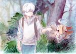  1boy absurdres backpack bag bangs bush cigarette clenched_hand collared_shirt commentary_request crossover day donnpati gen_3_pokemon ginko highres male_focus mushishi outdoors pants pokemon pokemon_(creature) shedinja shirt short_hair smoking tree white_hair 