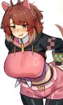  1girl absurdres ahoge animal_ears black_leggings black_shrug blush breasts brown_eyes brown_hair checkered_ribbon dantsu_flame_(center_spotlight)_(umamusume) dantsu_flame_(umamusume) ear_covers ear_ribbon hair_between_eyes hairband highres horse_ears horse_girl horse_tail iog626 large_breasts leggings leggings_under_shorts looking_at_viewer midriff multicolored_hair navel open_mouth pink_hairband pink_shorts shirt shorts shrug_(clothing) simple_background smile solo sweat tail tied_shirt umamusume white_hair 