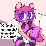  1:1 anthro cellphone coati female furniture hair hi_res mammal mocho4266 phone procyonid purple_hair sofa solo spanish_text text translated 