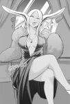  1girl :p animal_ears bangs boku_no_hero_academia breasts breasts_apart bunny_ears carrot crossed_legs dress eyelashes food fur gloves greyscale half-closed_eye holding holding_food holding_vegetable indoors jewelry long_hair looking_at_viewer mirko monochrome necklace no_bra nstime23 parted_bangs sidelocks sitting solo tongue tongue_out twitter_username vegetable 