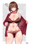  1girl ? abs areola_slip areolae artist_name bangs black_bra black_panties bra breasts brown_eyes brown_hair cleavage commentary_request cowboy_shot dress_shirt eyebrows_visible_through_hair female_pubic_hair girls_und_panzer highres huge_breasts long_sleeves looking_at_viewer lowleg navel_piercing nishizumi_maho no_pants open_clothes open_mouth open_shirt opened_by_self panties piercing pubic_hair rasson red_shirt see-through shirt short_hair signature skindentation solo standing steam sweat thighs underwear undressing 