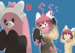  2016 anthro black_nose blue_background fake_ears hair hi_res human human_to_anthro japanese_text male mammal open_mouth pink_body pink_hair sequence short_hair simple_background species_transformation surprise text transformation transformation_sequence ursid yajima 