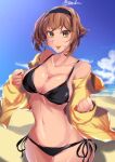  1girl absurdres beach bikini black_hairband blue_sky breasts brown_eyes brown_hair cleavage cloud commentary_request cowboy_shot day hairband highres horizon huge_filesize jacket kantai_collection large_breasts looking_at_viewer matsurika_(harusutain) mutsu_(kancolle) outdoors short_hair side-tie_bikini signature sky solo swimsuit yellow_jacket 