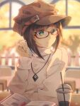  1girl absurdres akisaki animal_ears animal_hat blurry blurry_background book brown_hair cabbie_hat cat_hat commentary_request cup disposable_cup drink drinking_straw eyebrows_visible_through_hair fake_animal_ears glasses green_eyes hand_up hat highres idolmaster idolmaster_cinderella_girls indoors jewelry long_sleeves looking_away maekawa_miku necklace open_book red-framed_eyewear short_hair signature solo sweater table turtleneck turtleneck_sweater upper_body 