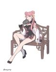  1girl :d alternate_hairstyle bare_legs bench black_dress black_footwear black_gloves breasts china_dress chinese_clothes cleavage cleavage_cutout clothing_cutout double_bun dress fan feather_boa fire_emblem fire_emblem:_three_houses gloves high_heels highres hilda_valentine_goneril long_hair medium_breasts microdress moja_(moquackja) one_eye_closed open_mouth paper_fan pink_dress pink_eyes pink_hair short_sleeves simple_background smile solo two_side_up white_background 