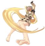  1girl arms_up bare_legs barefoot blonde_hair blue_eyes brown_headwear brown_jacket eiji_(eiji) eyebrows_visible_through_hair feet fur_hat guilty_gear guilty_gear_strive hair_between_eyes hat highres jacket long_hair millia_rage simple_background solo ushanka very_long_hair white_background 