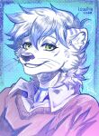  anthro clothed clothing digital_media_(artwork) fur green_eyes hair hi_res leonifa looking_at_viewer lutrine male mammal mustelid simple_background smile solo white_body white_fur 