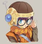  1girl adjusting_eyewear artist_name bangs black-framed_eyewear blue_eyes brown_headwear chrono_trigger commentary glasses grey_shirt headset helmet hosodayo long_sleeves looking_at_viewer lucca_ashtear orange_bandana orange_tunic parted_lips portrait purple_hair shirt signature simple_background solo 