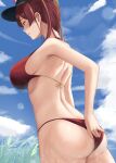  1girl adjusting_clothes adjusting_swimsuit bare_shoulders bikini black_headwear breasts cloud cloudy_sky from_side highres hololive houshou_marine large_breasts nape outdoors red_bikini red_eyes red_hair sky swimsuit water_drop wet yamikyon 