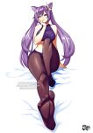  1girl bangs bare_shoulders black_legwear breasts crop_top double_bun feet finger_in_mouth foreshortening full_body genshin_impact hand_on_own_face jadenkaiba keqing_(genshin_impact) long_hair looking_at_viewer medium_breasts midriff no_shoes open_mouth pantyhose purple_eyes purple_hair simple_background solo twintails white_background 