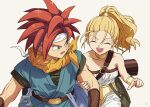  1boy 1girl arm_grab artist_name bad_id bad_twitter_id bag belt black_belt black_shirt blue_eyes blue_tunic bracer carrying chrono_trigger closed_eyes crono_(chrono_trigger) hair_pulled_back hair_tie headband hosodayo jewelry long_hair looking_at_another looking_back marle_(chrono_trigger) neck_ring open_mouth ponytail red_hair satchel shirt short_hair short_sleeves signature simple_background smile spiked_hair standing strapless white_background white_headband white_jumpsuit yellow_belt 