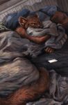  anthro bed cellphone detailed_background ears_up fur furniture half-closed_eyes hi_res kenket looking_aside male narrowed_eyes painting_(artwork) phone pillow quilt red_body red_fur solo species_request traditional_media_(artwork) whiskers 