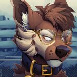  1:1 angry anthro black_nose brown_body brown_fur canid canine canis coyote ears_up eyewear fur fur_white glasses icon leash male mammal not_happy orange_eyes portrait solo tazara teeth 
