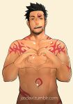  1boy abs arm_tattoo bara chest_tattoo completely_nude cowboy_shot facial_hair green_eyes gyee heart heart_hands jasdavi large_pectorals leg_tattoo male_focus mature_male muscular muscular_male navel nude priapus priapus_a._tarou red_pupils short_hair sideburns smile solo spiked_hair stomach stomach_tattoo stubble tattoo tumblr_username upper_body white_background 