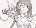  1girl :d android bra breasts cable commentary_request itou_(onsoku_tassha) joints lineart looking_at_viewer mechanical_parts monochrome one_eye_closed open_mouth original robot_joints small_breasts smile twintails underwear v 