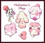  :d alcremie alcremie_(love_sweet) artsy-rc audino blissey commentary english_commentary floette floette_(red) flower gen_2_pokemon gen_3_pokemon gen_5_pokemon gen_6_pokemon gen_8_pokemon highres holding holding_flower looking_at_viewer luvdisc open_mouth pink_theme pokemon pokemon_(creature) slurpuff smile striped striped_background trait_connection valentine 