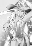  1girl alternate_costume animal_ears arm_up armpits bandages boku_no_hero_academia breasts bunny_ears cleavage dark_skin dark_skinned_female gloves greyscale grin hand_on_hip hat highres leotard long_hair looking_to_the_side mirko monochrome no_bra nstime23 smile solo standing twitter_username 