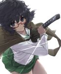  1girl absurdres bangs black_eyes black_hair black_neckwear blouse closed_mouth commentary drawing_sword eyebrows_visible_through_hair girls_und_panzer glasses green_skirt haori highres japanese_clothes katana light_smile long_sleeves looking_at_viewer medium_hair messy_hair miniskirt neckerchief ooarai_school_uniform oryou_(girls_und_panzer) oshiri_seijin pleated_skirt red-framed_eyewear sailor_collar school_uniform semi-rimless_eyewear serafuku short_ponytail simple_background skirt solo standing sword under-rim_eyewear weapon white_background white_blouse white_sailor_collar 