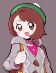  1girl :d artsy-rc blush_stickers brown_eyes brown_hair commentary english_commentary gloria_(pokemon) green_headwear grey_background grey_jacket hat highres jacket long_sleeves looking_at_viewer medium_hair open_mouth pink_shirt pokemon pokemon_(game) pokemon_swsh shirt signature simple_background smile solo 