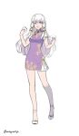  1girl baozi breasts china_dress chinese_clothes dress fire_emblem fire_emblem:_three_houses food full_body hair_ornament highres holding holding_food long_hair lysithea_von_ordelia moja_(moquackja) pink_eyes purple_dress short_dress simple_background small_breasts solo standing twitter_username white_background white_footwear white_hair 